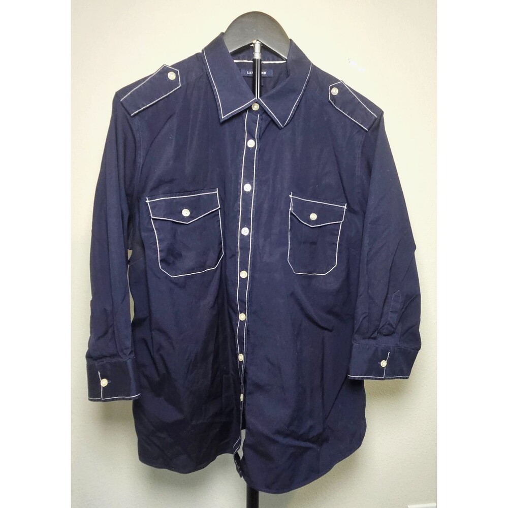 Lands’ End Womens Navy Western Shirt Size 18 Contrast Stitch Button Front Cotton